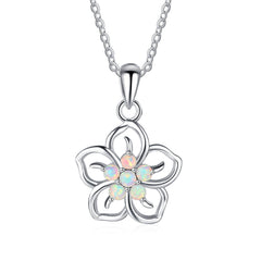 Hollow Plum Blossom Five Round Opal Sterling Silver Necklace