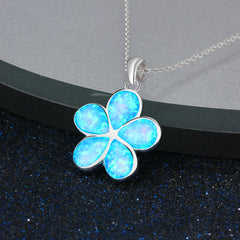 Blue Opal Flower Pendant Sterling Silver Necklace