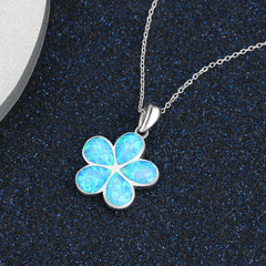 Blue Opal Flower Pendant Sterling Silver Necklace