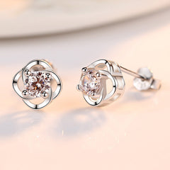 Round Zircon Lucky Clover Silver Studs Earrings for Women