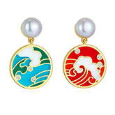 Enamel Tide Pearl Circle Drop Earrings
