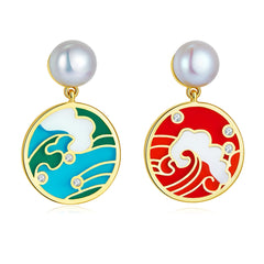 Enamel Tide Pearl Circle Drop Earrings