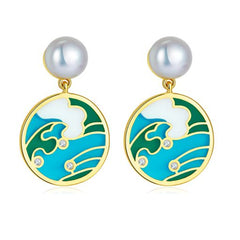 Enamel Tide Pearl Circle Drop Earrings