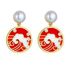 Enamel Tide Pearl Circle Drop Earrings