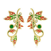 Enamel Golden Leaf with Emerald Stud Earrings
