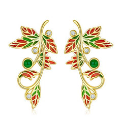 Enamel Golden Leaf with Emerald Stud Earrings