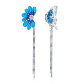 Flower Butterfly Blue Enamel Tassels Drop Earrings