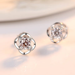 Round Zircon Lucky Clover Silver Studs Earrings for Women