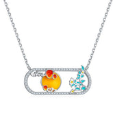 Moon and Flower Oval Enamel Silver Necklace