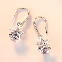 Star with Round Zircon Silver Drop Earrings for Women