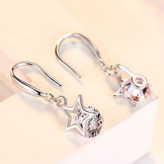 Star with Round Zircon Silver Drop Earrings for Women