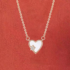Mother of Pearl Heart with Zircon Star Silver Necklace for Women