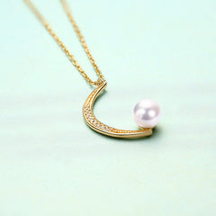 Crescent Moon Natural Pearl Zircon Sterling Silver Necklace