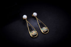 Colourful Enamel Rhombus Grid Pearl Drop Earrings