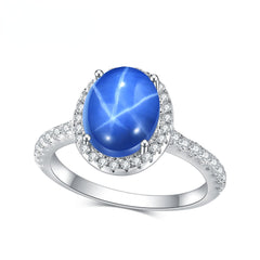 Luxury Six Ray Star Inlaid Red and Sapphire Oval Shape Jewelry S925 Silver Ring for Women