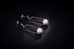 Round Pearl Red Enamel Oval Drop Earrings