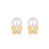 Round Freshwater Pearl Butterfly Zircon Sterling Silver Stud Earrings