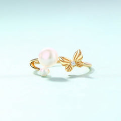 Round Freshwater Pearl Butterfly Zircon Opeinng Sterling Silver Ring