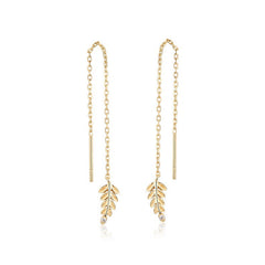 Olive Leaf Zircon Long Tassel Sterling Silver Ear Line Earrings