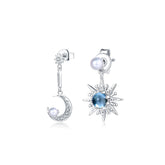 Blue Topaz Star Moon Pearl Zircon Asymmetric Sterling Silver Drop Earrings