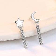 Moon and Star with Zircon Strip Asymmetric Silver Studs Earrings for Women
