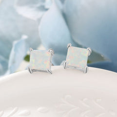 Four Prongs Square Opal Sterling Silver Stud Earrings