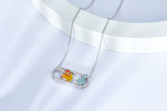 Moon and Flower Oval Enamel Silver Necklace