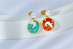 Enamel Tide Pearl Circle Drop Earrings
