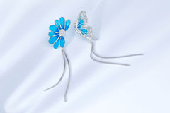 Flower Butterfly Blue Enamel Tassels Drop Earrings