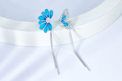 Flower Butterfly Blue Enamel Tassels Drop Earrings