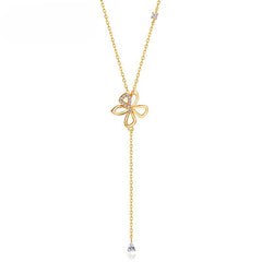 Butterfly Flower Long Tassel Zircon Sterling Silver Necklace