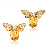 Oval Natural Yellow Crystal Little Bee Sterling Silver Stud Earrings