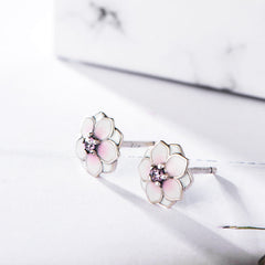 Pink Enamel Magnolia Flower Sterling Silver Studs Earrings for Women