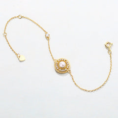 Zircon Disc Round Natural Freshwater Pearl Golden Sterling Silver Bracelet