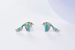 Hummingbirds Green Enamel Silver Stud Earrings
