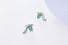 Hummingbirds Green Enamel Silver Stud Earrings