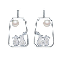 Enamel Moon Rabbit Pearl Drop Earrings
