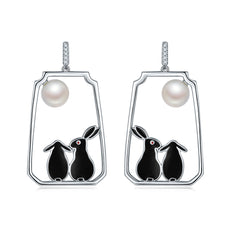 Enamel Moon Rabbit Pearl Drop Earrings