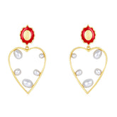 Hollow Heart Shape Pearl Enamel Drop Earrings