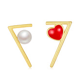 Asymmetric Pearl Red Heart Enamel Stud Earrings