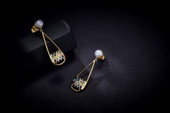Colourful Enamel Rhombus Grid Pearl Drop Earrings