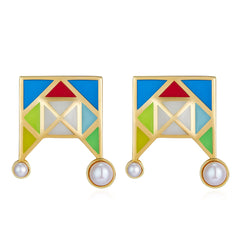 Colourful Enamel Flower Window Pearl Stud Earrings