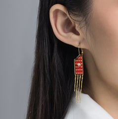 Enamel Forbidden City Gate with Pearl Tassels Drops Earrings