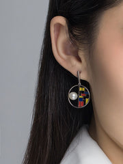 Colourful Enamel Pearl Circle Drop Earrings