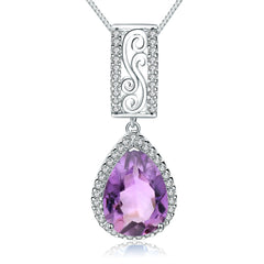 European Style Inlaid Natural Amethyst Soleste Halo Pear Drop Pendant Silver Necklace for Women