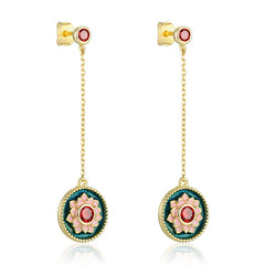 Long Tassel Lotus Round Disc Pendant Red Zircon Sterling Silver Drop Earrings