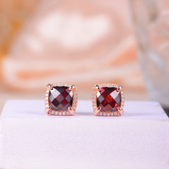 Soleste Halo Square Natural Red Garnet Silver Stud Earrings