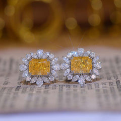 Petals Halo Rectangle Yellow Zircon Stud Earrings