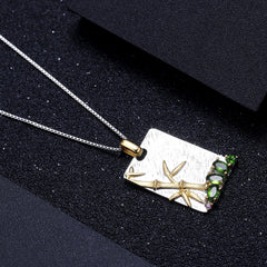 Chinese Style Inlaid Natural Colourful Gemstone Bamboo Rectangle Pendant Sterling Silver Necklace for Women