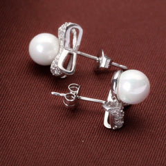 Bow with Pearl Bead Silver Studs Earrings for Women